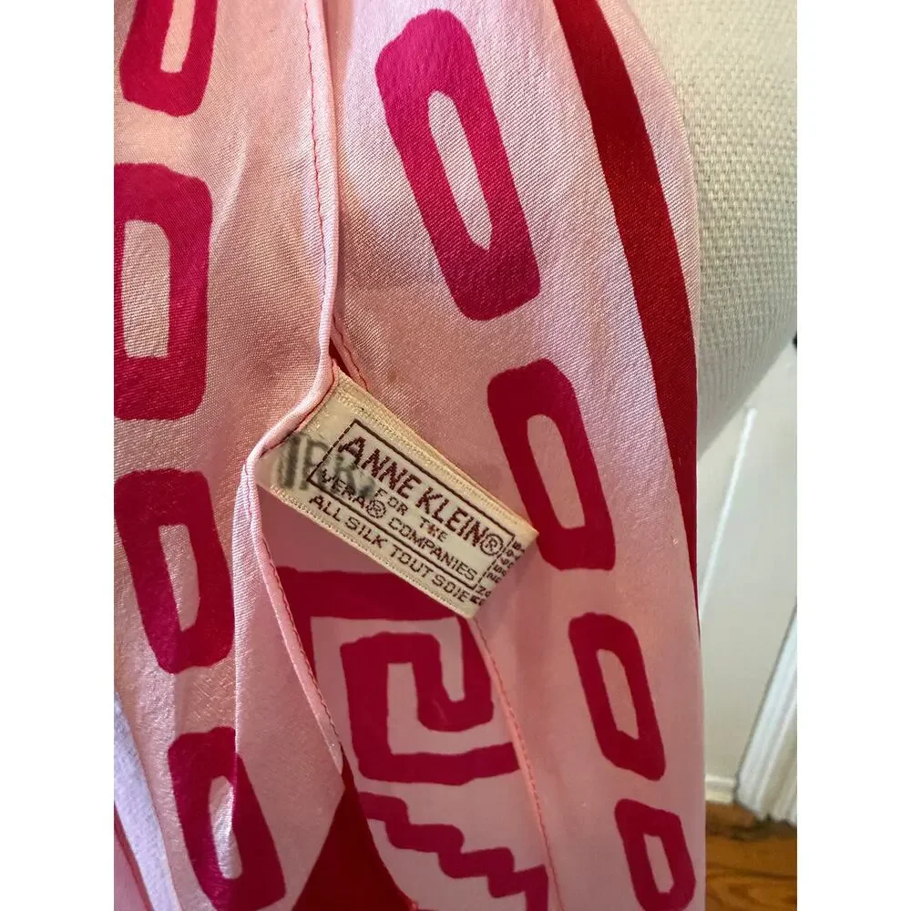 Vintage Anne Klein Silk Chiffon Skinny Neck Scarf Pink Abstract Print